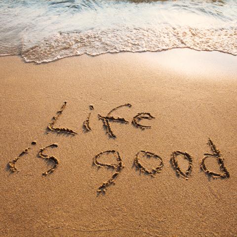Life is good is written in the sand by the ocean